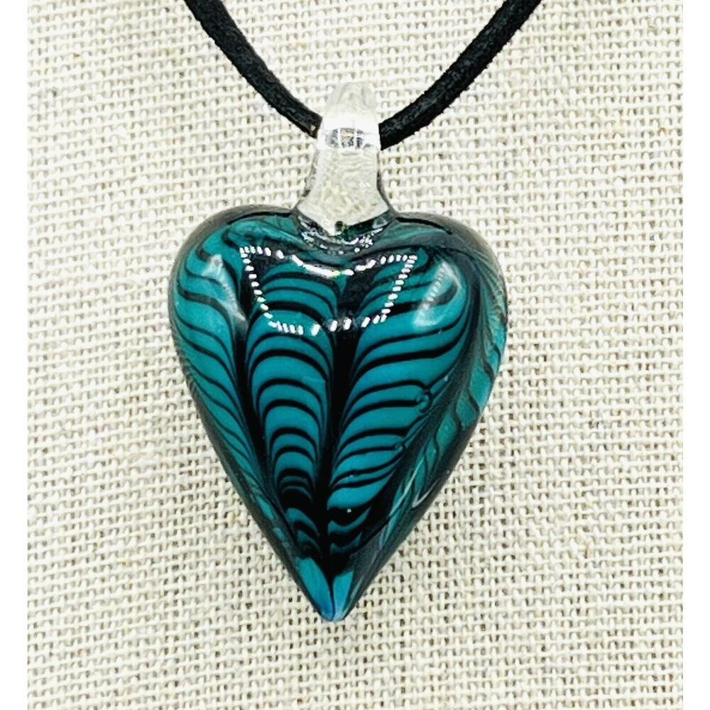 Artisan Hand Blown Art Glass Heart Pendant Necklace Green Black Stripe 18"